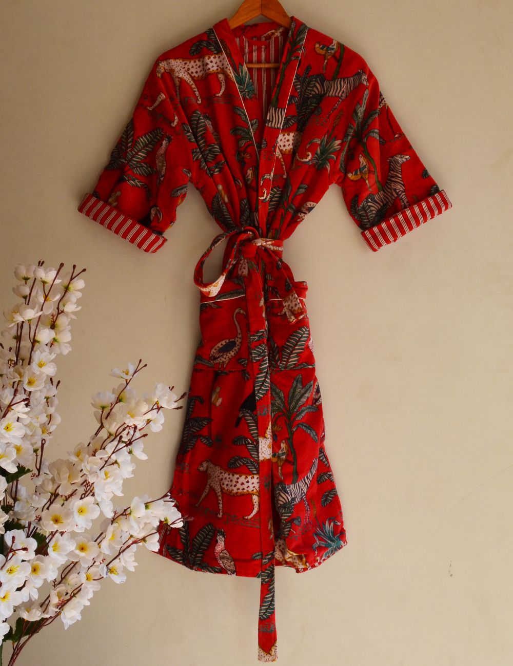 Red Jungle Print Velvet Kimono Morning Tea Velvet Coat Christmas Gift