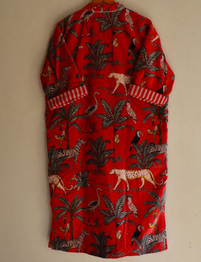 Red Jungle Print Velvet Kimono Morning Tea Velvet Coat Christmas Gift