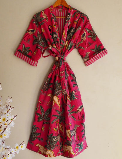 Pure Waffle Cotton Handprinted House Bath Robe Winter Kimono 