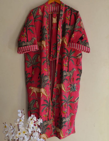 Pure Waffle Cotton Handprinted House Bath Robe Winter Kimono 