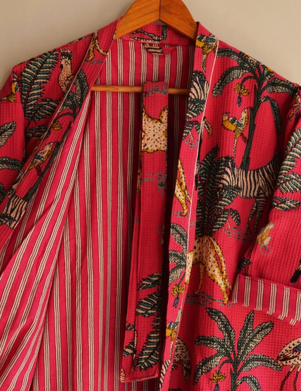 Pure Waffle Cotton Handprinted House Bath Robe Winter Kimono 