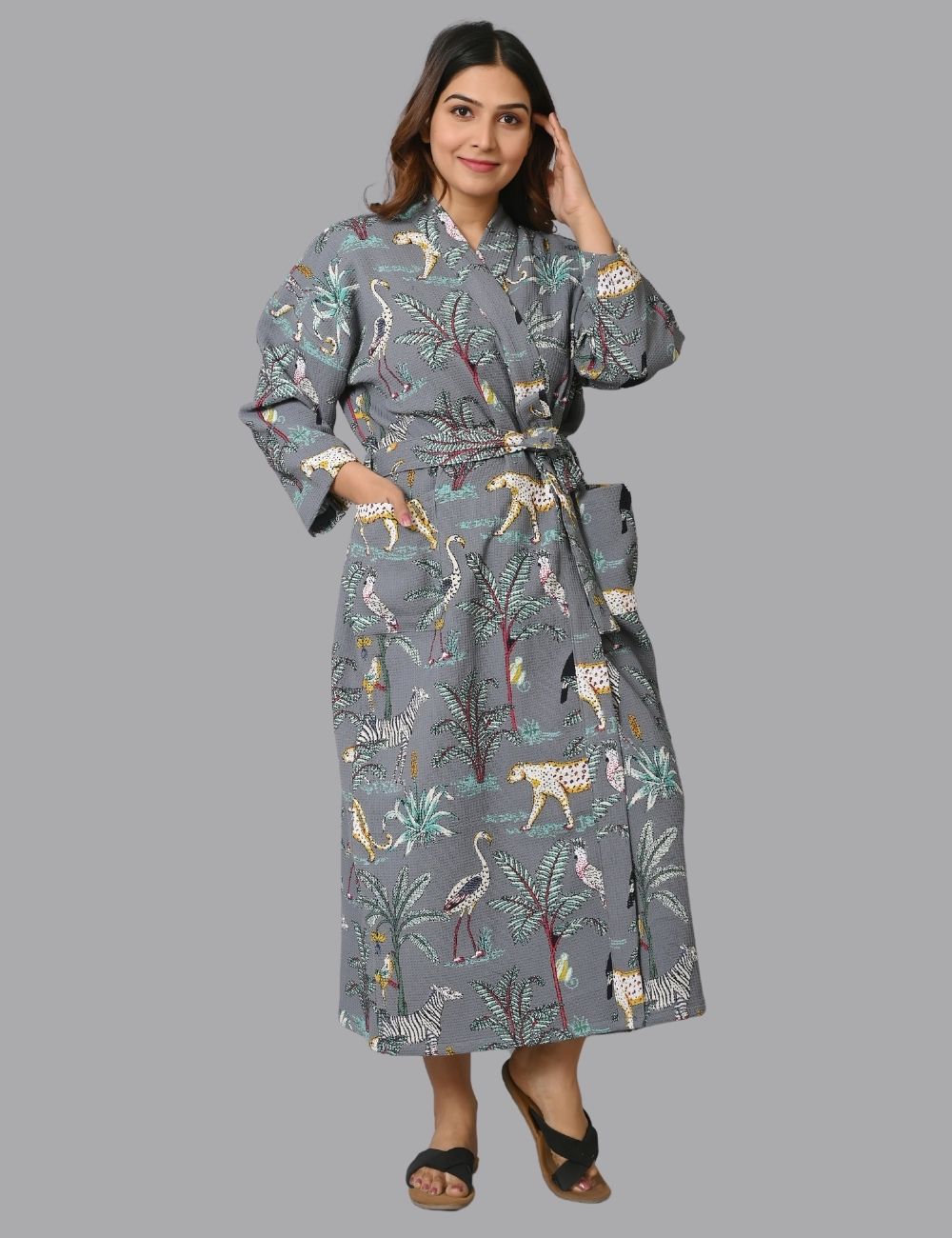 Jungle Print Night Wear Stylish Turkish Waffle Robe