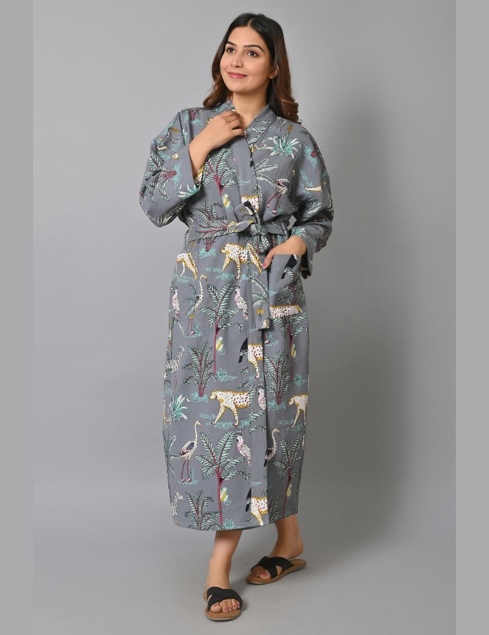 Jungle Print Night Wear Stylish Turkish Waffle Robe