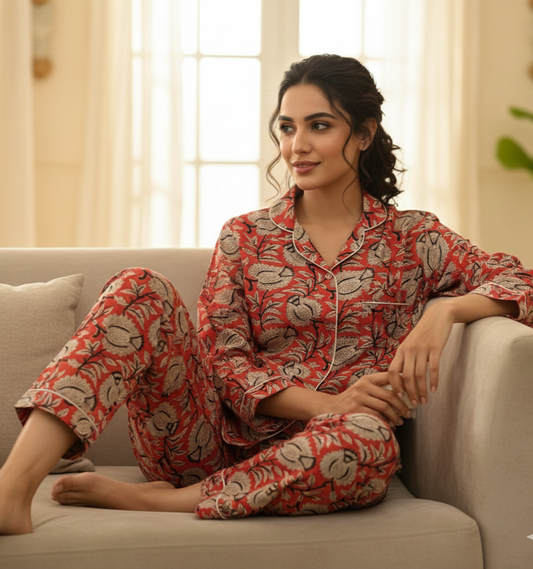 Long Sleeves Indian Bagru Cotton Pyjamas Set For Women's Pj Set | House Night Wear Pj Sets