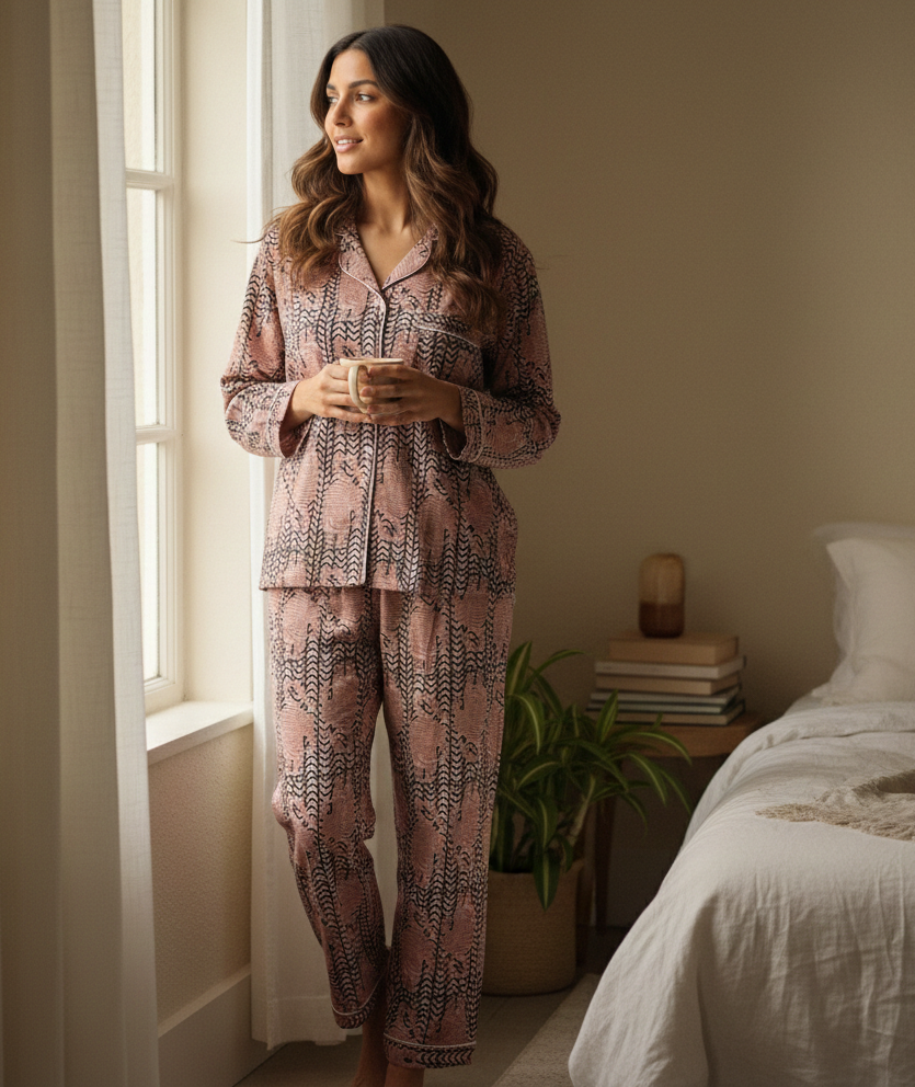 Bagru Printed Cotton Pajama Set | Hand Block Loungewear Shirt With Pant Pajamas Set