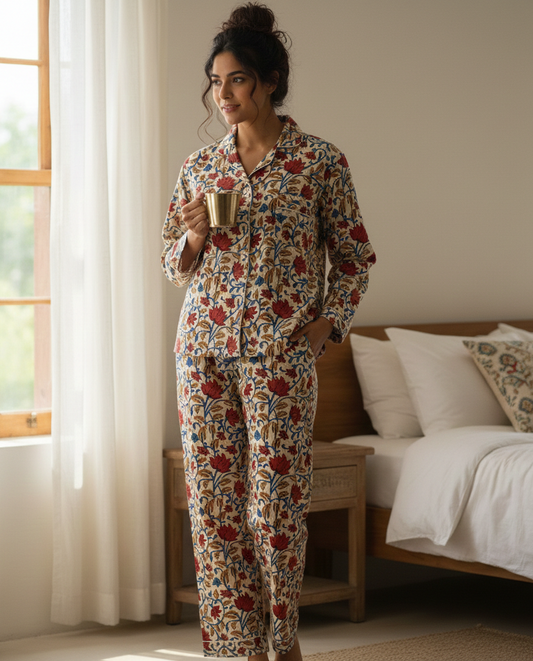 Indian Bagru Light Weight Cotton Pj Set Floral Print Sleepwear Pajamas Dress