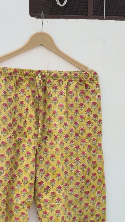 Handmade Cotton Pajama Set: Block Print Boho Loungewear With Pouch Set Full Night Dress For Summer